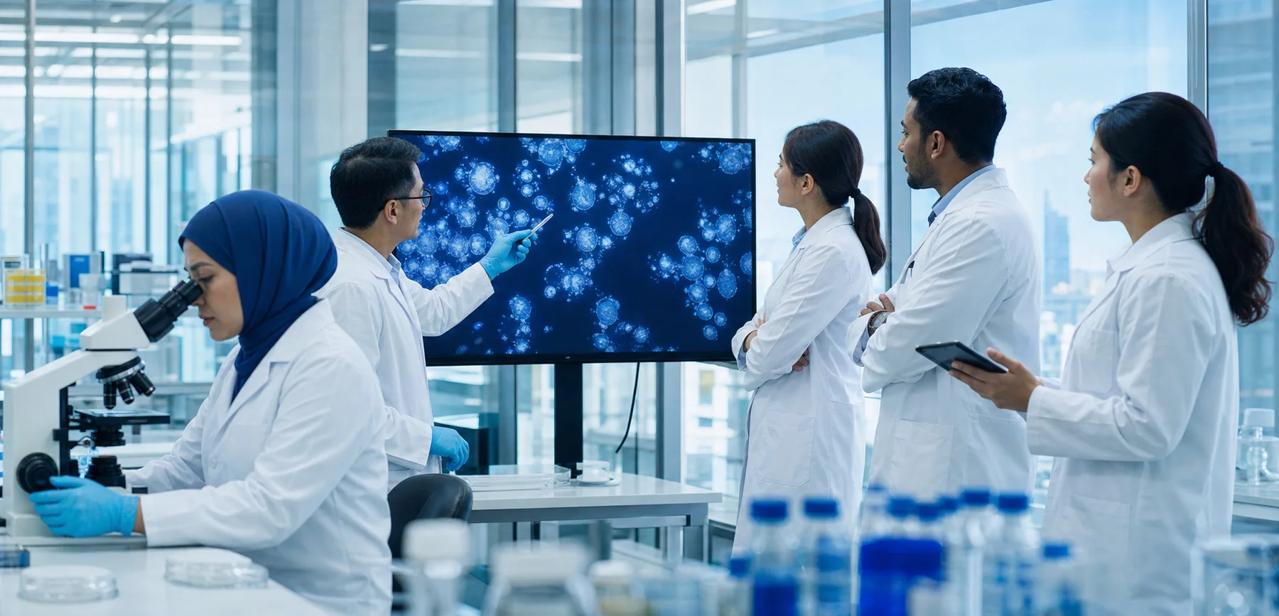 A research team reviewing cell imaging in a laboratory