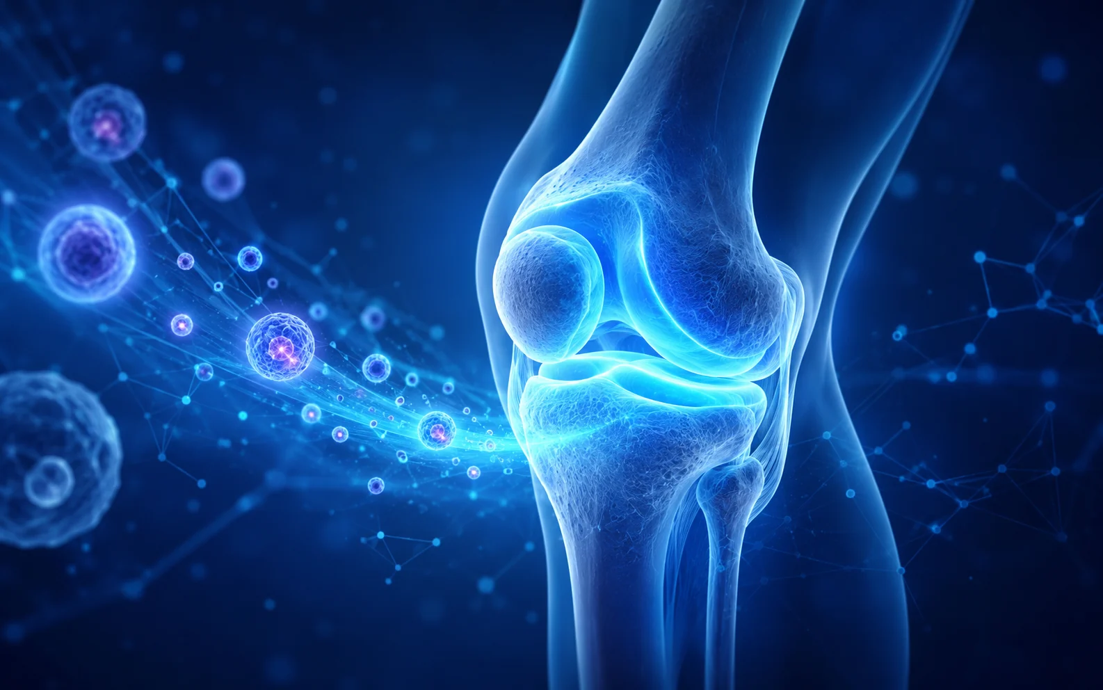 An anatomical illustration of the knee joint and surrounding structures