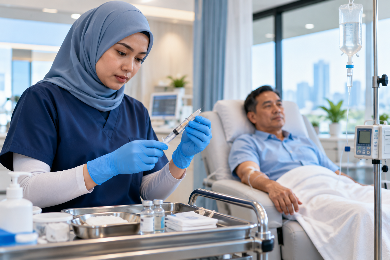 Nurse preparing a syringe while a patient receives an IV infusion in a clinic treatment room