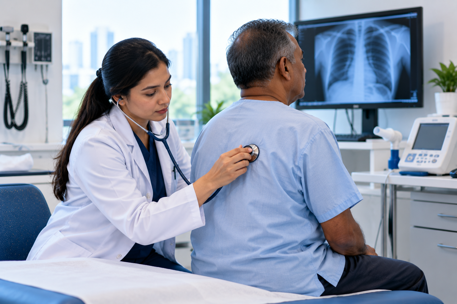 Doctor listening to an older patient's lungs with a stethoscope, with a chest X-ray on the monitor behind