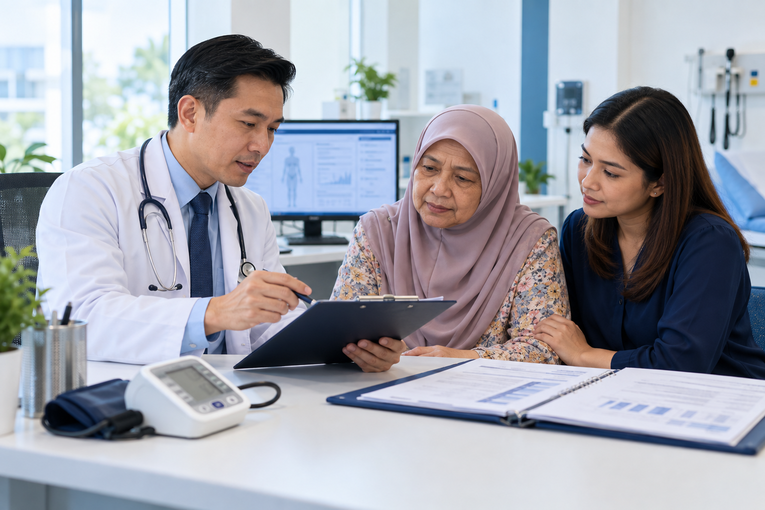 Doctor reviewing a screening checklist with an older woman and her daughter at a clinic consultation desk