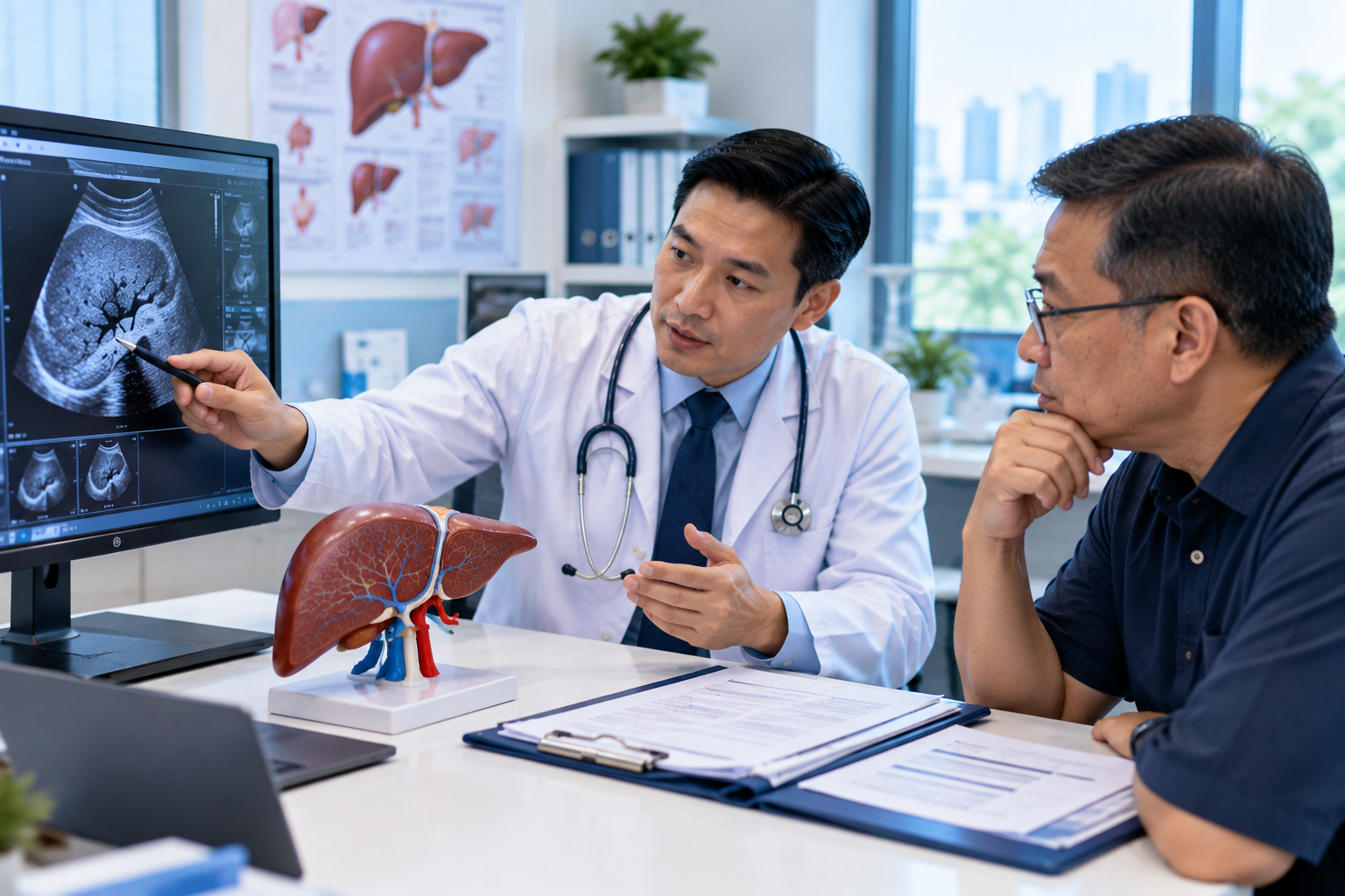 Doctor pointing to a liver ultrasound scan while explaining it to a patient, with a liver model on the desk